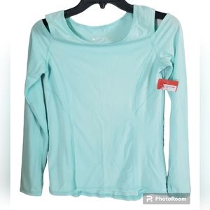 Zella "Girls" Athletic Long Sleeve Peep Shoulder Shirt Size XL Seafoam Green NWT